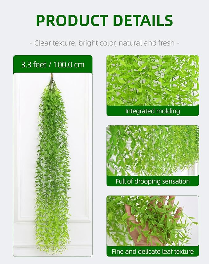 5 Pack Artificial Hanging Willow Vine (3.3ft) - Fake Greenery Plants for Indoor/Outdoor Decor, Wedding & Photography - Green Tail Design (No Basket Included)