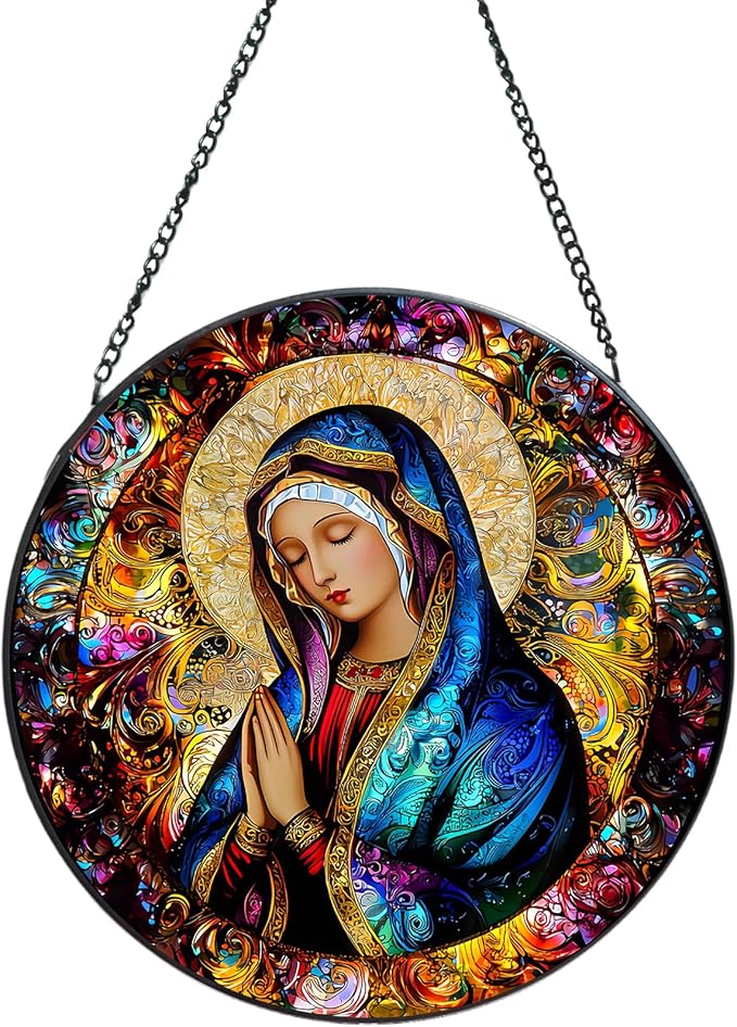 Suncatcher Stained Glass Window Hanging - Mother Mary Glass Panel with Metal Chain and Hooks Handmade Sun Catcher Decoration for Window Garden Home Christmas & Birthday Gifts (8 Inch)