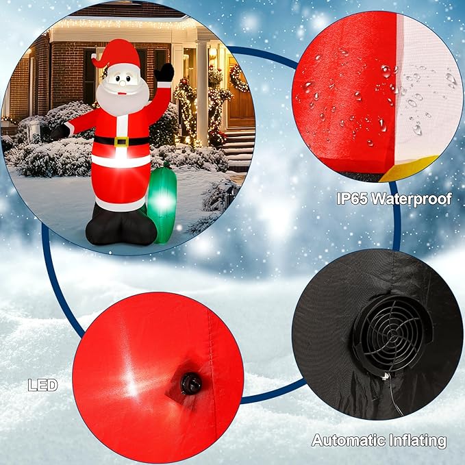8FT Christmas Inflatable Santa Claus, IP65 Lighted Blow Up Santa Claus with LED Lights, Automatic Inflation Yard Decorations for Lawn Garden Holiday Decor