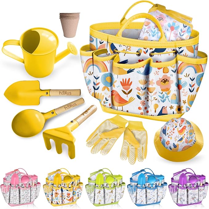 Kids Gardening Tool Set 18PCS Kids Toddler Gardening Set Includes Tote Bag Watering Can Apron Hat Rake Shovel Spoon Gloves Plant Pots and Labels, Outdoor Toys Gift for Boys Girls (Yellow)