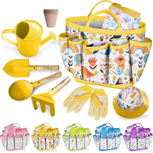 Kids Gardening Tool Set 18PCS Kids Toddler Gardening Set Includes Tote Bag Watering Can Apron Hat Rake Shovel Spoon Gloves Plant Pots and Labels, Outdoor Toys Gift for Boys Girls (Yellow)