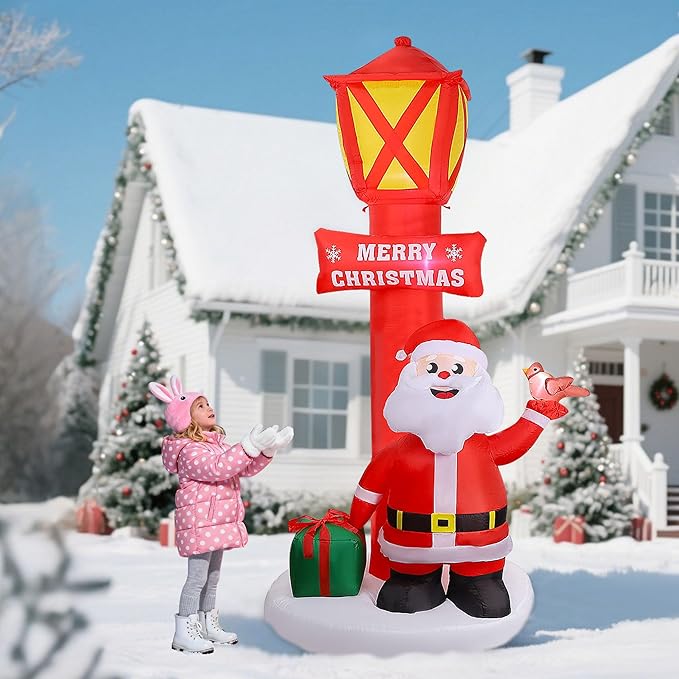 8FT Christmas Inflatable Yard Decoration, Giant Blow Up Lighthouse with Santa and Redbird with Built-in LED Lights for Front Door Lawn Garden Holiday Display Indoor Outdoor Decor