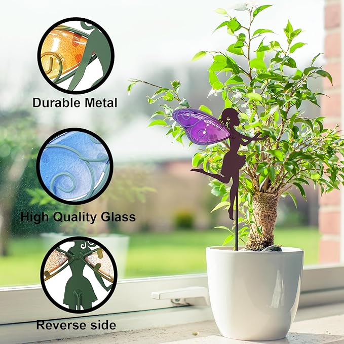 Fairy Garden Stakes Decorative Metal Glass Fairy Decor Outdoor Figurines for Outside Garden Yard Lawn Supplies Home Decor, Set of 6