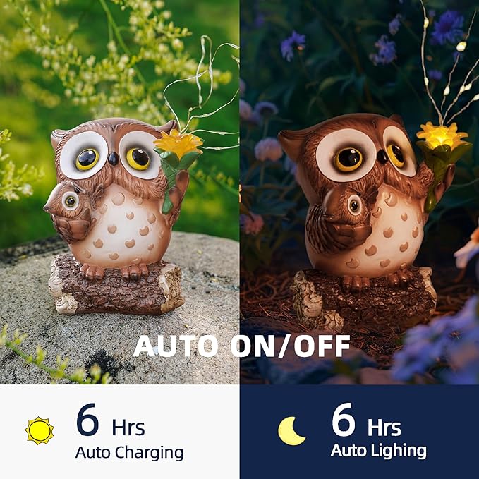 Solar Garden Statues Outdoor Decor, Fairy Owl Statue Garden Decor, Resin Yard Decorations Outdoor for Patio, Porch, Balcony, Lawn Ornaments, House Warming Birthday Gifts for Mom Women Grandma