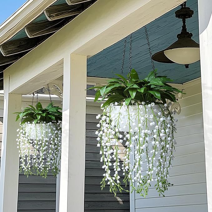 alyptus Hanging Planters for Indoor Plants Fake Flowers - 2-Pack Artificial Hanging Lily of The Valley with Pot - White Faux Flowers in Planters for Indoor Décor