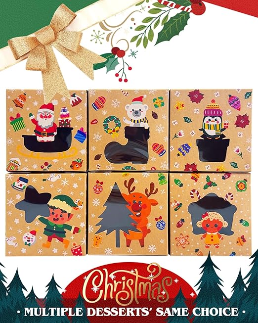 qiqee Christmas Shoes Bakery Boxes with Window 30pcs 4x4x2.5 Mini Cookie Boxes Macaron Boxes Small Donut Pastry Boxes for Christmas