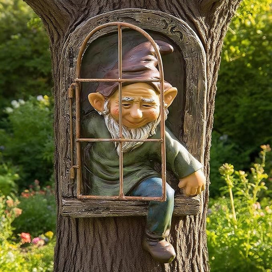 Teaeeno 12-inch Elf Out The Door Tree Hugger, Whimsical Old for Man Resin Statue with Foliage Features, Large Outdoor Tree Hugger for Yard Art, Trees Decorations Outdoor Wallmounted Statue
