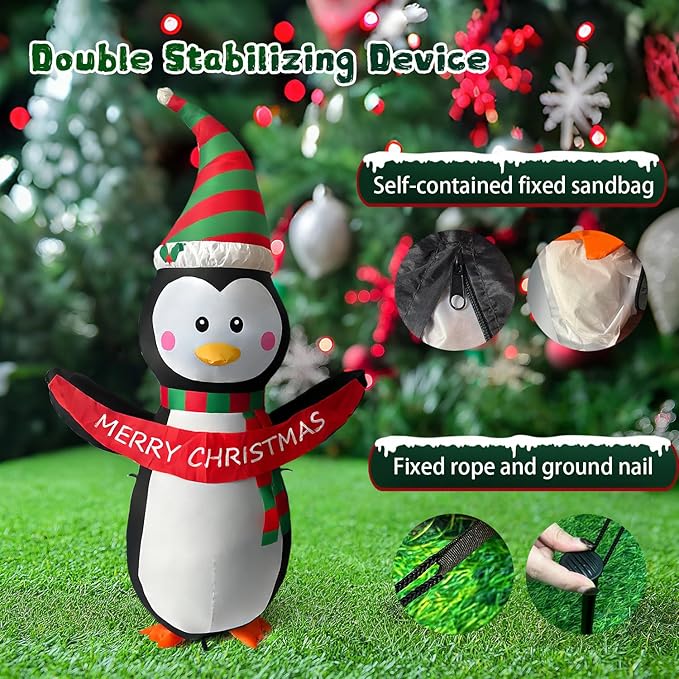 HONGLAND 4 FT Christmas Inflatables Giant Penguin Outdoor Decorations, Built-in Bright LED Light with Merry Christmas Sign, Weatherproof Holiday for Garden Lawn Patio Party Xmas Gifts