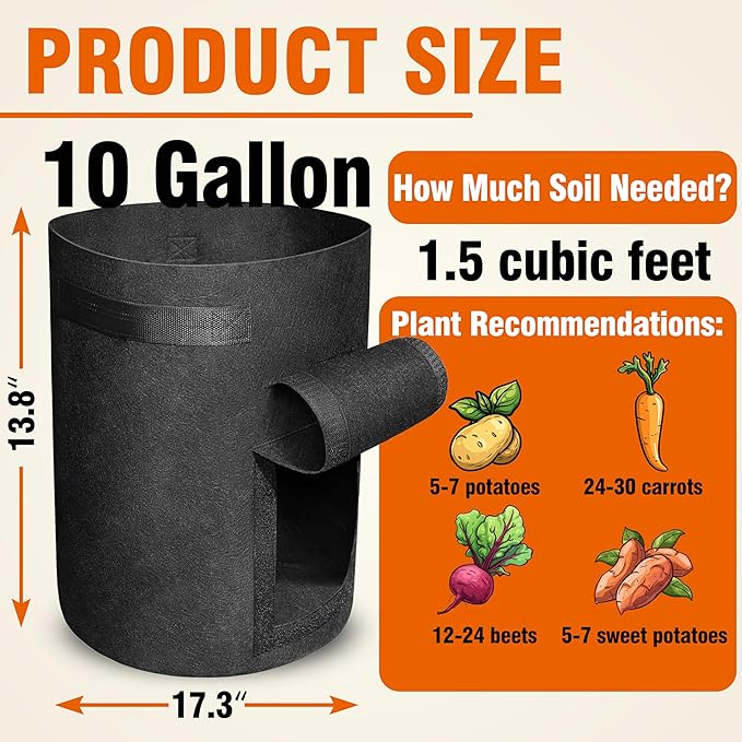 Gardzen 6 Pack BPA-Free 10 Gallon Vegetable Grow Bags with Access Flap and Handles, Suitable for Planting Potato, Taro, Beets, Carrots, Onions, Peanut