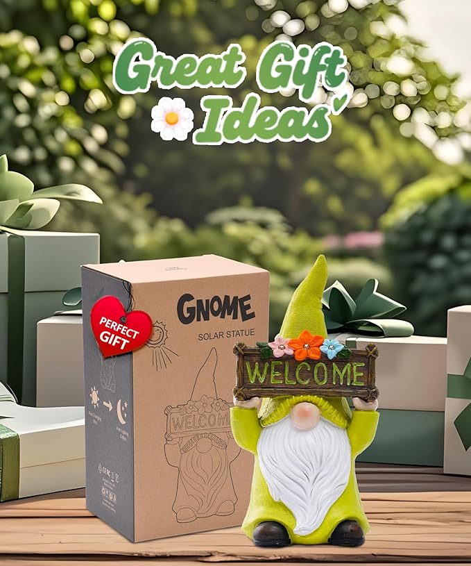Nacome Solar Gnome Statue for Garden Decor: Outside Sculpture with Flower Welcome Sign Clearance for Yard Art Lawn Ornaments Porch Patio Balcony - Birthday Gifts for Grandma Mom Women(Green)