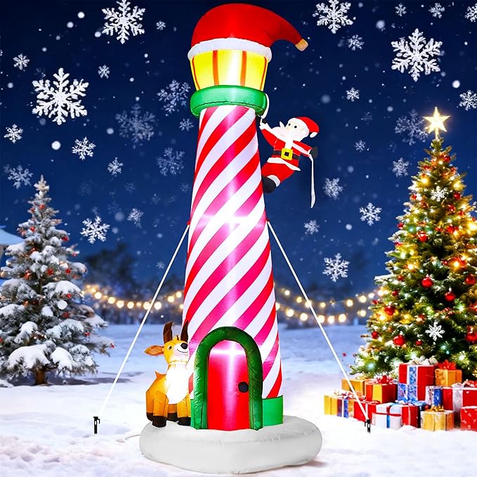 10FT Christmas Inflatable Yard Decoration, Giant Blow Up Lighthouse with Santa and Reindeer with Built-in LED Lights & Drawstring Bags for Yard Lawn Garden Holiday Outdoor Decor
