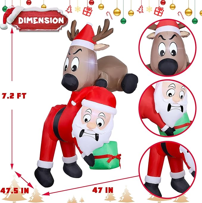 Lulu Home 7.2FT H Christmas Inflatable Decoration, Light Up Air-Blown Reindeer Holding Santa in The Mouth, Xmas Blowups with Storage Bag for Roof Balcony Tree Window Sill Holiday Display