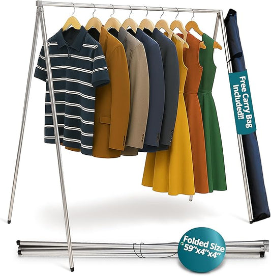 FOL-D-RAK Fully Assembled Lightweight Clothing Rack with Carry Bag. 59" Length Made from Commercial Grade Aluminum. Can Hold Over 50 LBS. Weighs 4 LBS.