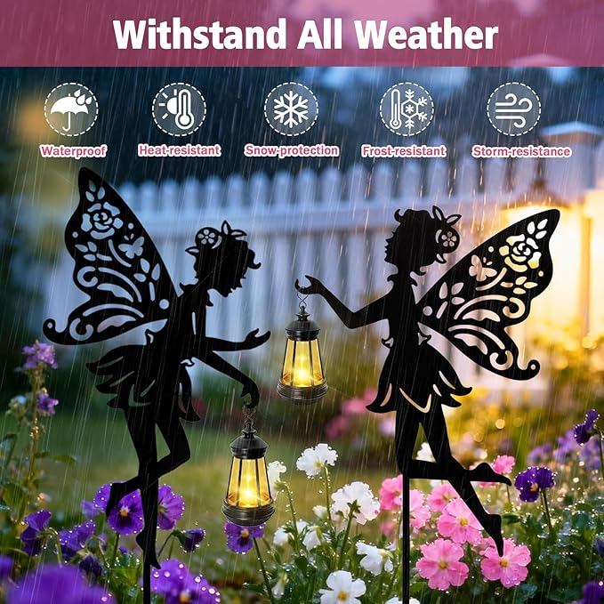 Solar Fairy Garden Statues Outdoor Decor, 2 Pack Metal Fairy Figurine Light Stake,Christmas Housewarming Ornament for Patio, Lawn, Yard, Pathway - Unique Gift Ideas for Gardening Mom Grandma Birthday