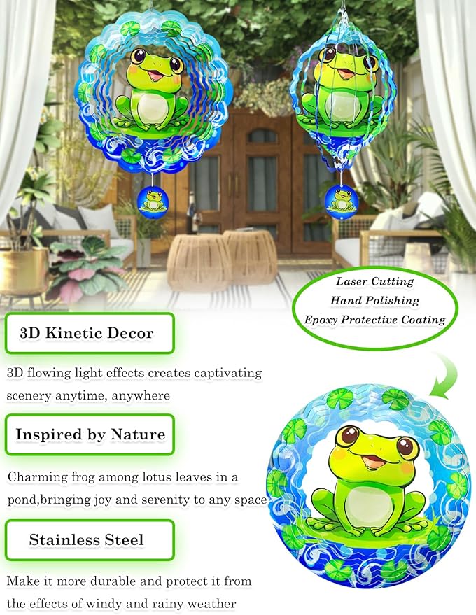 Frog Wind Spinner-3D Metal Hanging Wind Spinners, Perfect Ornament Gifts for Women/Men, 12 Inch Spinfinity Wind Spinner for Outdoor & Indoor Decorations, Yard Art, Garden Decoration