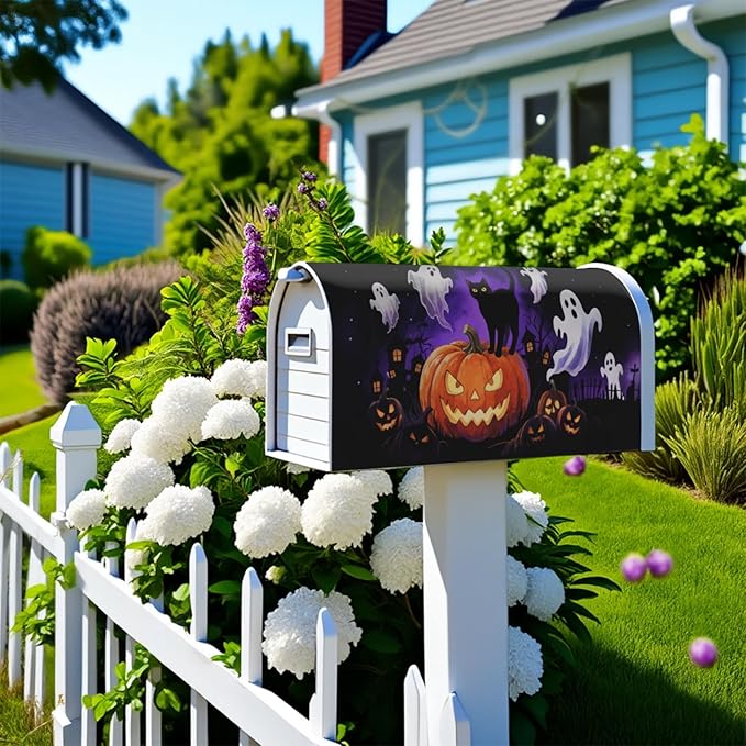 Halloween Spooky Ghost Pumpkin Mailbox Covers Magnetic Standard Size Black Cat Mailbox Wraps Holiday Themed Outdoor Decorative Letter Box Cases for Home Garden Outside Decor, 21x18 Inch