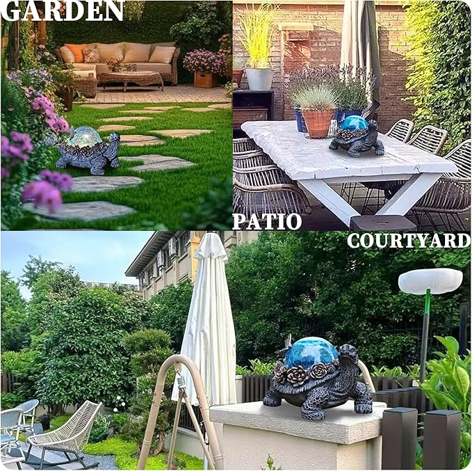 Outdoor Turtle Statue – Resin Animal Figurine with Blue Crystal Solar Lights,Golden Succulent Accents & Dragonfly Decor, Cute Garden Ornament, Yard Art for Lawn, Patio,Mom Wife Unique Gifts