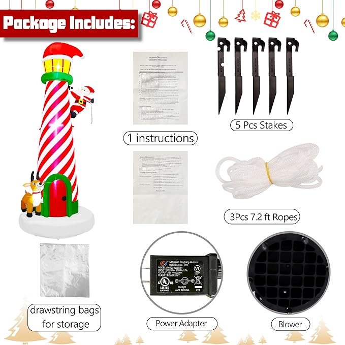 Lulu Home 10FT Christmas Inflatable Decoration, Giant Lighted Lighthouse Blowups with Santa and Reindeer, Air-Blown Ornaments with Storage Bags for Xmas Winter Yard Lawn Garden Outdoor Decor