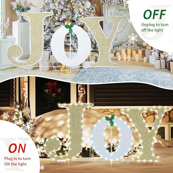 Outdoor Christmas Joy Nativity Decoration Christmas Lighted Joy with Holly Berries Pre-Lit 129 LED Lights Deacoration for Xmas Home Pathway Lawn Party Display