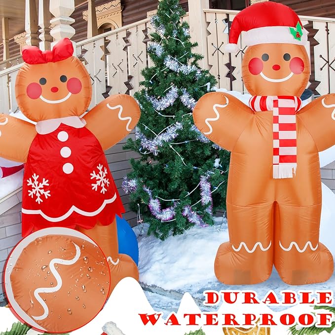 Ceenna 2 Pcs 6 ft Gingerbread Man Christmas Inflatable Welcome Gingerbread Couple Inflatable Set with Built in LED Lights Blow up Christmas Yard Garden Lawn Lighted Decor for Outdoor Xmas Lawn Decor