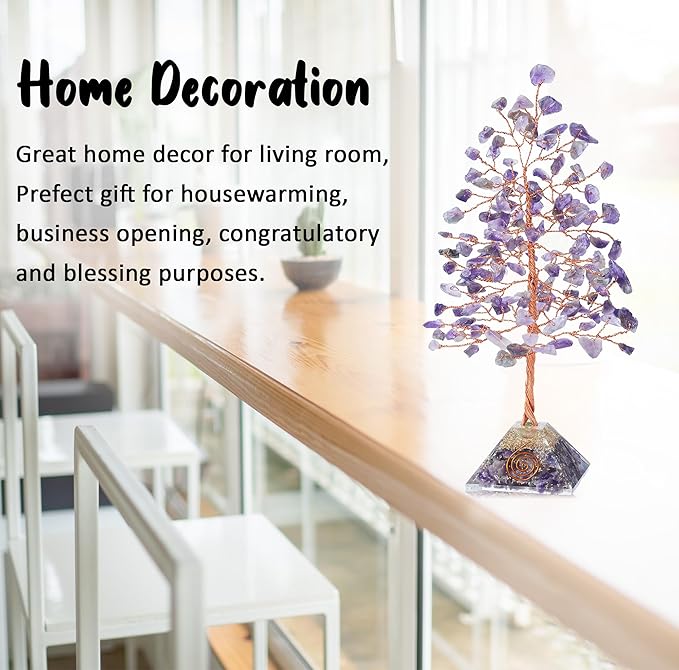 Amethyst Crystal Tree with Orgone Pyramid Base Desk Decor Healing Crystals Bonsai Tree Purple Gifts for Women Office & Shelf Home Room Decor for Mom Sister Girlfriend Present Housewarming