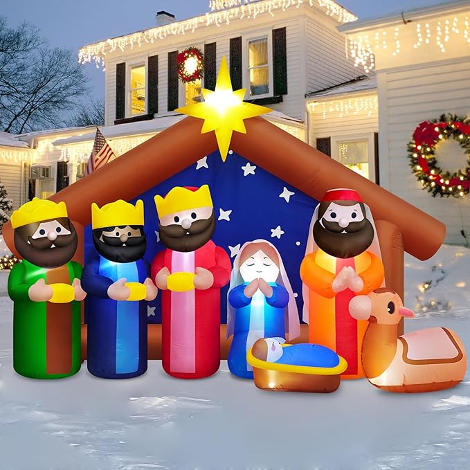 8FT Long Christmas Inflatables Outdoor Nativity Scene Manger Decoration, Build-in LED Lights Giant Xmas Blow Up Yard Decorations The Birth of Jesus for Winter Holiday Party Indoor Outside Lawn Decor