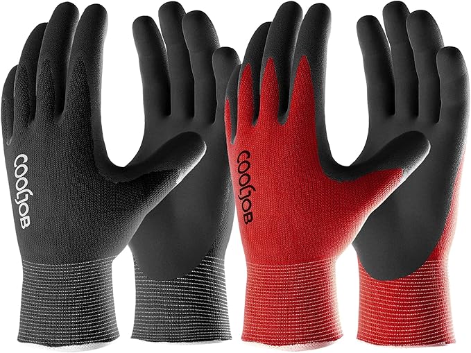 COOLJOB Gardening Gloves for Men, 6 Pairs Breathable Rubber Coated for Garden Weeding Landscaping, Outside Work for Lawn Yard, Men's Xlarge Size, Black & Red