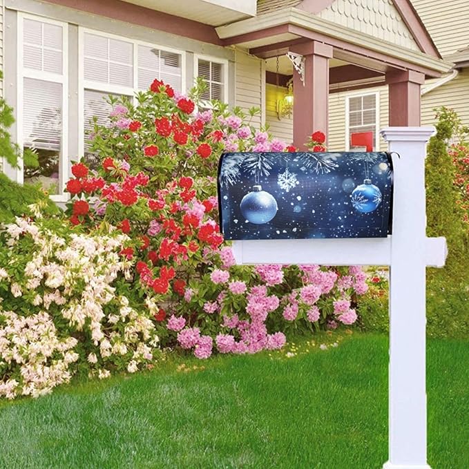 Festive Magnetic Mailbox Cover Blue Ball Christmas Pattern Outdoor Mailbox Protector Holiday Seasonal Decorative Garden Yard Home Standard Size 21 x 18 Inch
