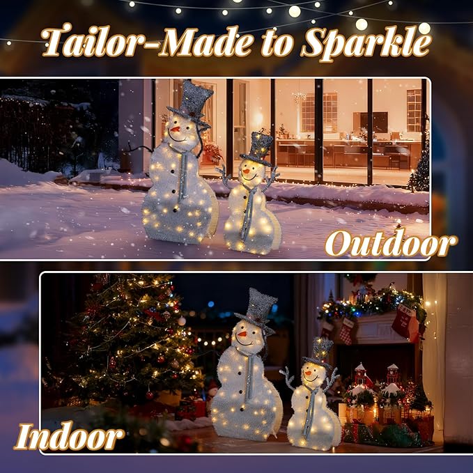 VINGLI 5ft Set of 2 Lighted Snowman Christmas Decorations, 2D Tinsel Snowmen with Top Hats, 80 Warm White LED Lights, Indoor Outdoor Xmas Yard Lawn Porch Holiday Decor