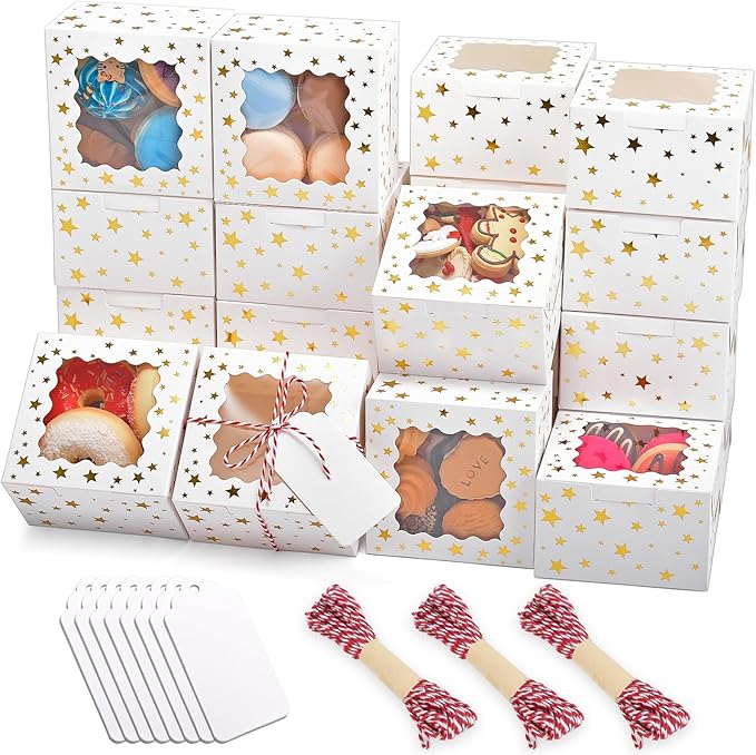 32Pcs 4x4x2.5 in Christmas Cookie Boxes with Window, White Bakery Boxes for Cookie, Treat Boxes Pastry Boxes for Gift Giving, Chocolate Covered Strawberries, Dessert, Donut, Cupcakes Muffins