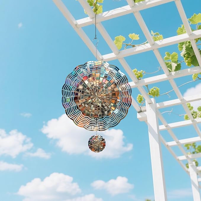 Wind Spinners Outdoor, Silver Mosaic Modern 3D Stainless Steel Wind Sculpture Spinner for Garden Outside Hanging Decor Mother's Day Christmas Birthday Gifts for Women Men Mom Nana 7.8 in