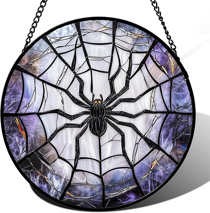 Stained Glass Window Hanging Funny Black Spider 9.8" - Suncatcher Door Garden Sunroom Sun Catcher Fall Decor Birthday Halloween for Friend Mom Men Woman Nana