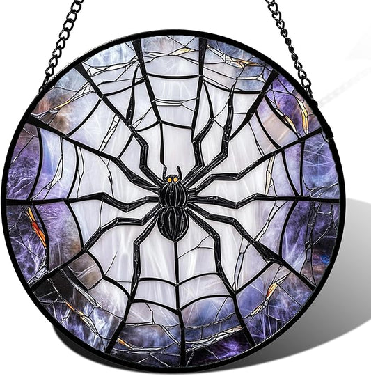 Stained Glass Window Hanging Funny Black Spider 7.8" - Suncatcher Door Garden Sunroom Sun Catcher Fall Decor Birthday Halloween for Friend Mom Men Woman Nana