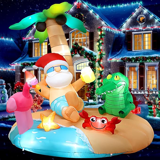 7.2FT Christmas Inflatables, Blow Up Inflatable Christmas Outdoor Decorations, Hawaiian Santa Island with LED Lights & Air Blower for Xmas Navidad Yard, Lawn Holiday Décor (7.2 x 6.6 x 5.5FT)