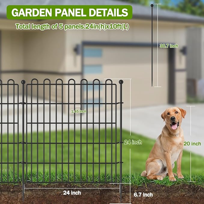 5 Panels No Dig Decorative Garden Fence for Yard, 24 in(H) X 10 ft(L) Animal Barrier Fencing for Outdoor Dog, Metal Portable Garden Fences for Borders, Pets, Landscape, Temporary Fence