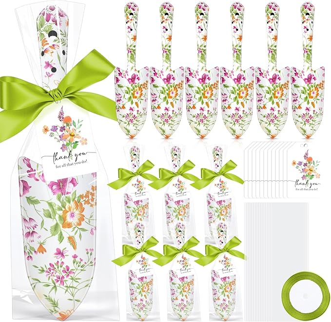 Capoda 12 Sets Floral Garden Shovels Bulk Gardening Gift for Women Thanksgiving Garden Tools Floral Hand Heavy Duty Trowels Thank You Cards with Bags for Christmas Mom Birthday Teacher(Green,Classic)