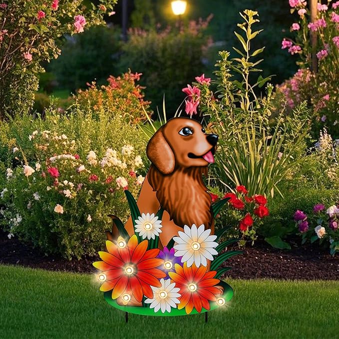 WONDER GARDEN Decorative Garden Stakes - Lighted Dog and Flower Yard Sign Stakes Spring Signs for Outdoor, Porch, Yard,Flower Bed Decor (Battery Operated)