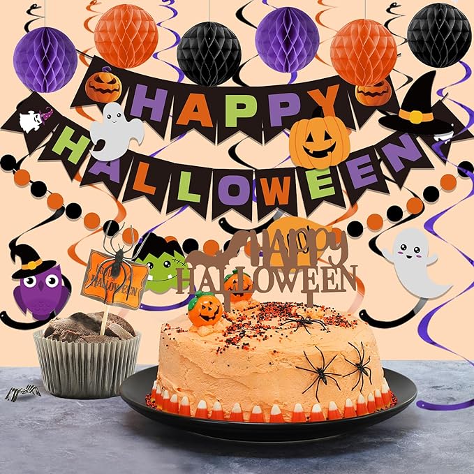 meowtastic Happy Halloween Banner Decorations - Halloween Banner with Honeycomb Ball, Hanging Swirl Streamer, Circle Dot Garland Decorations for theme Party Decorations