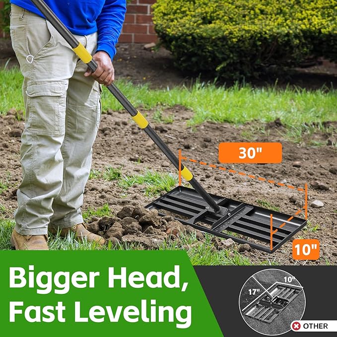 Lawn Leveling Rake 30”x10” Large Heavy Duty Metal Lawn Leveler with Long Adjustable Handle Proffesional Yard Leveling Rake for Soil Dirt Sand Compost Efficient Lawn Leveling Tool (6FT)