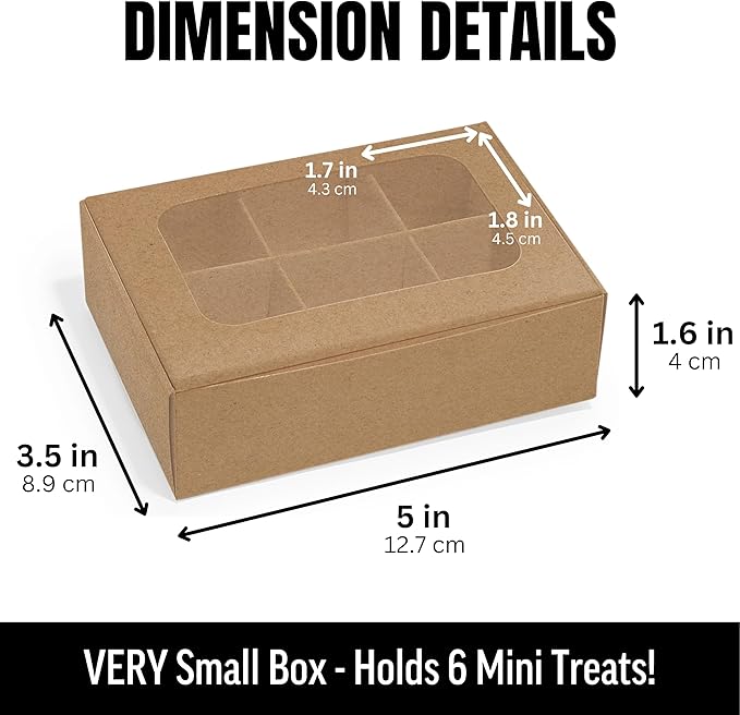 100 pcs Kraft Mini Truffle Box for 6 treats with Window and Dividers, Bakery Boxes, 5 x 3.5 x 1.57 Inches VERY SMALL Baking Boxes, Square Truffles Decorating Supplies for Gift Giving