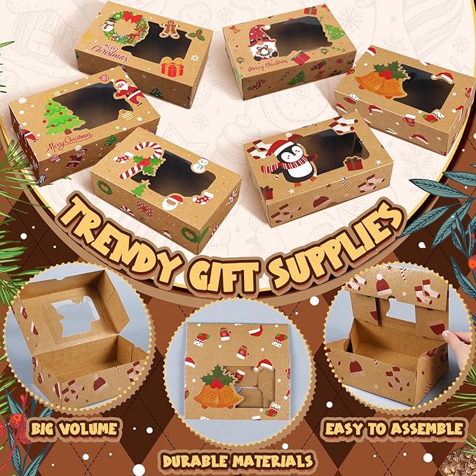 36 Pcs Christmas Cookie Boxes with Clear Window, Holiday Bakery Box Goodie Box Candy Boxes Treat Containers for Food Cupcake Brownies Donuts Gift Giving, 6 Designs(Novel)