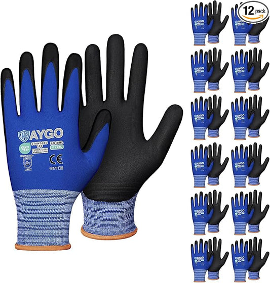 Safety Work Gloves MicroFoam Nitrile Coated-12 Pairs,KAYGO KG18NB,Seamless Knit Nylon Glove with Black Micro-Foam Nitrile Grip,Ideal for General Purpose,Automotive,Home Improvement Blue