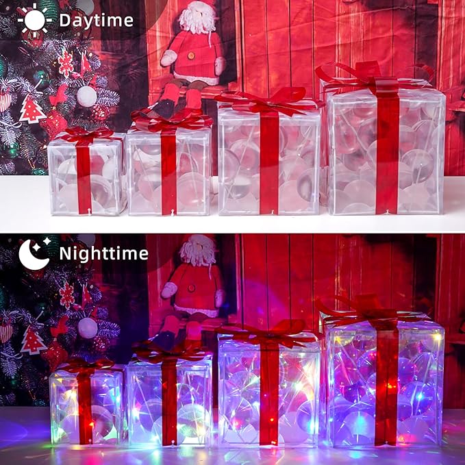 Christmas Lighted Gift Boxes, Pre-lit Lights Gift Boxes Set of 4, Light up Present Boxes Set Battery Operated with Different Sizes for Holiday Indoor Outdoor Decorations (Multi-Colored)