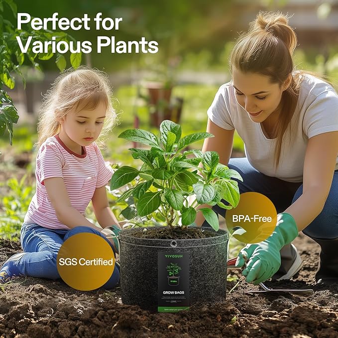 VIVOSUN 5-Pack 10 Gallon Grow Bags, 500G Thick Nonwoven Fabric Pots with Strap Handles, Multi-Purpose Rings, for Low Stress Plant Training Fruits, Vegetables, and Flowers