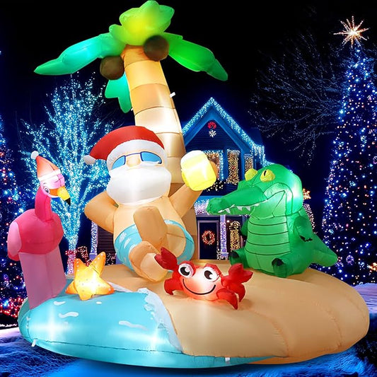 7.2FT Christmas Inflatables, Blow Up Inflatable Christmas Outdoor Decorations, Hawaiian Santa Island with LED Lights & Air Blower for Xmas Navidad Yard, Lawn Holiday Décor (7.2 x 6.6 x 5.5FT)