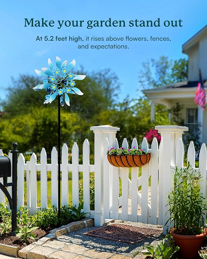 Wind Spinners Outdoor, Large Metal Garden Wind Spinners with Stake, Kinetic Windmill for Yard, Lawn, Patio, Backyard, Gift Ideas for Garden Lovers (15'' W x 71'' H)