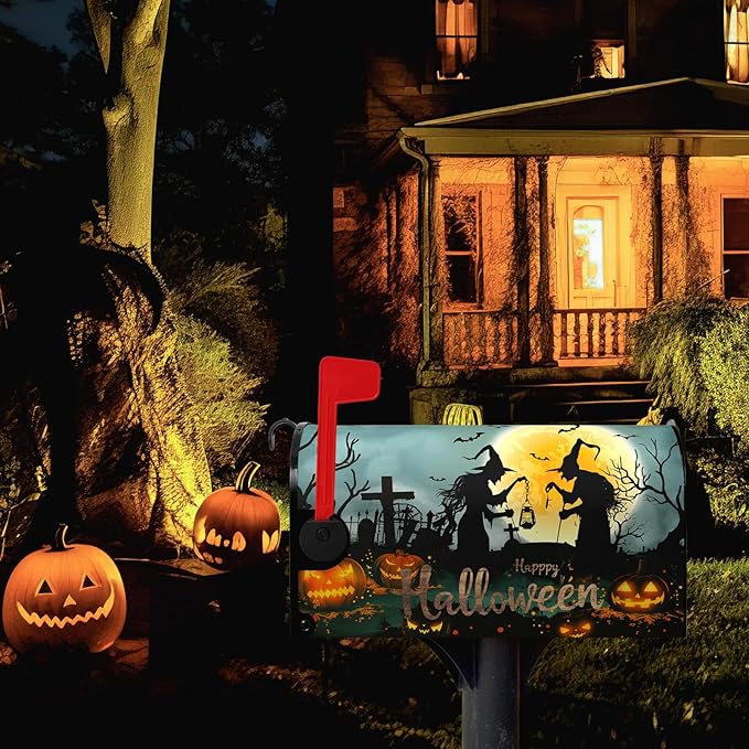 Halloween Witch Moon Mailbox Covers Magnetic 25.5 x 21 Inch Halloween Pumpkin Lanterns Seasonal Pattern Home Houses Mailbox Wraps Letter Box Cover Decorations Large Size for Outdoor