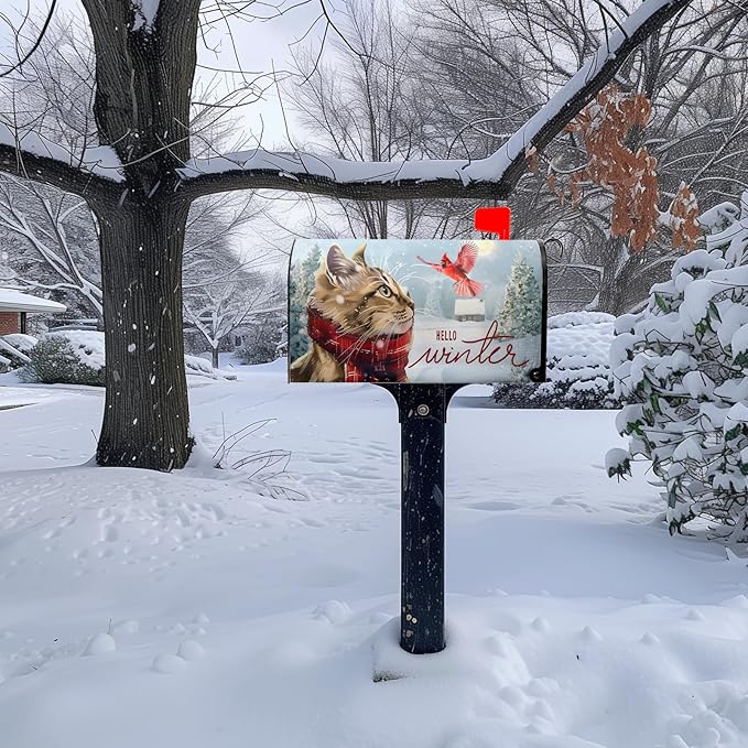 Hello Winter Oversize Magnetic Mailbox Cover - Hello Kitty Cardinal Snowy Waterproof Post Letter Cover - Rustic Snow Tree Red Bird Mailbox - Large Size 25.5" L x 21" W