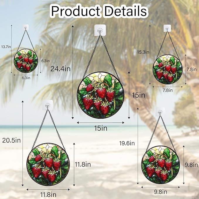 Stained Glass Suncatcher, Red Strawberry Green Leaf Sun Catcher Silver Background Stain Glass Window Hanging Decoration Mother's Day Birthday Gifts for Women Men Mom Nana 6.3 in