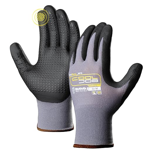 COOLJOB 6 Pairs Nitrile Rubber Dipped Safety Work Gloves with Grip Dots, Seamless Knit Nylon Gloves with 2 Fingers Touchscreen, Non-slip Coated for Warehouse, Home Improvement, Yard, Grey Medium